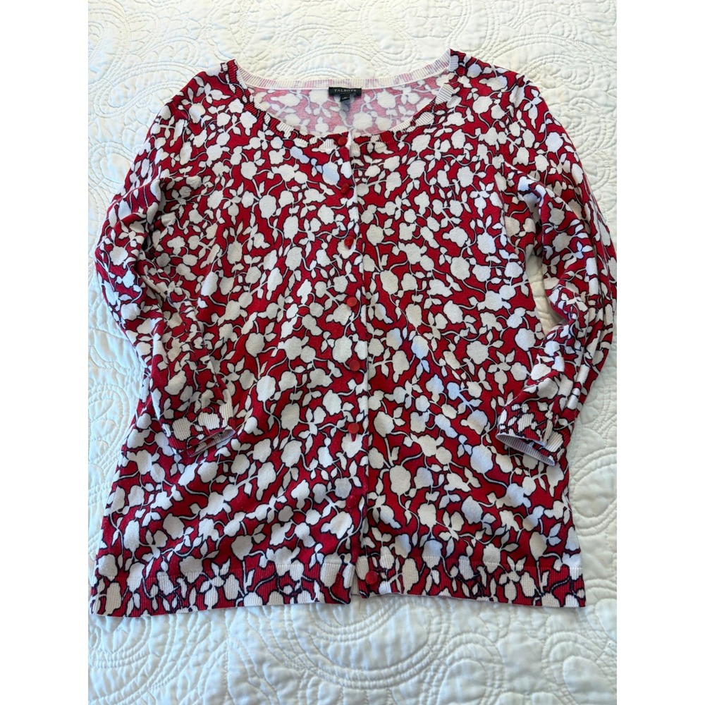 Talbots Cardigan Womens‎ M Red White Botanical Classic Floral Cotton Blend